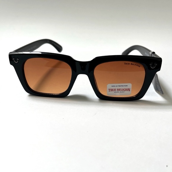 NWT True Religion Square Sunglasses Black Acetate Frame Orange Lens Logo OS - Picture 3 of 7